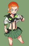  1girl angry ben_10 clenched_hand collarbone earrings eyes_visible_through_hair green_background green_eyes green_skirt gwendolyn_tennyson gyosone hair_ornament hairclip highres jewelry kill_la_kill medium_hair navel omnitrix orange_hair parted_lips senketsu simple_background skirt solo sweat sweatdrop 