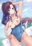  1girl armpits arms_up bangs bare_shoulders blue_eyes blue_sky blue_swimsuit blush breasts breasts_outside brown_hair closed_mouth cloud cloudy_sky collarbone competition_swimsuit contrapposto covered_navel cowboy_shot day dengeki_moeou eyebrows_visible_through_hair fingernails hair_between_eyes hand_on_head hand_on_hip highleg highleg_swimsuit highres lane_line large_breasts legs_apart long_hair looking_at_viewer momoirone non-web_source one-piece_swimsuit original outdoors parted_bangs pool poolside sidelocks sky smile solo starting_block swimsuit very_long_hair wet whistle whistle_around_neck 