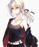  1girl artoria_pendragon_(all) belt black_camisole black_jacket black_ribbon black_shorts blonde_hair breasts cleavage collarbone cross cross_necklace eyebrows_visible_through_hair fate/grand_order fate_(series) hair_between_eyes jacket jet_black_king_of_knights_ver._shinjuku_1999 jewelry jonejung looking_at_viewer low_ponytail medium_breasts necklace ribbon saber_alter short_shorts shorts smile solo white_background white_belt yellow_eyes 