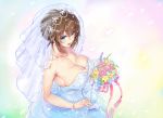  1girl alternate_costume bare_shoulders blue_eyes blush bracelet breasts bridal_veil brown_hair cleavage collarbone dress eyebrows_visible_through_hair fujisaki_yua highres jewelry jisedai_youtuber_yua kiyama_satoshi large_breasts long_hair looking_at_viewer multicolored multicolored_background open_mouth pearl_bracelet smile solo veil virtual_youtuber wedding_dress 