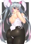  1girl alternate_costume animal_ears ass azur_lane bare_shoulders blue_eyes blush breasts bunny_ears bunny_girl bunny_tail bunnysuit detached_collar eyebrows_visible_through_hair fake_animal_ears grey_hair hair_between_eyes hair_ornament halsey_powell_(azur_lane) highres large_breasts long_hair looking_at_viewer looking_back multicolored_hair open_mouth pantyhose purple_hair silver_hair solo tail tak. twintails 