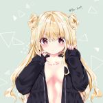  1girl bangs black_jacket blonde_hair blush breasts closed_mouth collarbone commentary_request double_bun eyebrows_visible_through_hair green_background hair_between_eyes hands_up hood hood_down hooded_jacket jacket long_hair long_sleeves looking_at_viewer medium_breasts naked_coat nanase_nao open_clothes open_jacket original red_eyes sleeves_past_wrists solo twitter_username upper_body very_long_hair wavy_mouth 
