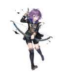  1girl arrow bernadetta_von_varley boots bow_(weapon) crying epaulettes fire_emblem fire_emblem:_three_houses fire_emblem_heroes full_body highres official_art one_eye_closed open_mouth purple_eyes purple_hair quiver short_hair solo thighhighs torn_clothes transparent_background weapon 