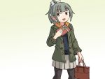  1girl adrian_ferrer alternate_costume bag black_legwear brown_eyes commentary cowboy_shot english_commentary green_jacket grey_hair grey_skirt hood hooded_jacket hoodie jacket kantai_collection looking_to_the_side pantyhose pleated_skirt ponytail short_hair skirt solo standing white_background yuubari_(kantai_collection) 