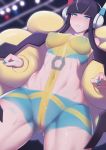  1girl areolae ass_visible_through_thighs bangs black_hair blonde_hair blue_eyes blue_nails blunt_bangs blush bodypaint breasts censored clenched_hand commentary_request cowboy_shot dutch_angle eyebrows_visible_through_hair from_below gym_leader headphones highres inverted_nipples kamitsure_(pokemon) large_breasts long_hair mosaic_censoring navel nose_blush nude pokemon pokemon_(game) pokemon_bw2 pussy rubewe short_hair sidelocks solo stomach sweat thighs very_long_hair 