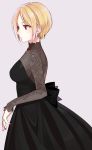  1girl back_bow bangs black_bow black_dress blonde_hair bow chest_jewel chisumi closed_mouth dress earrings eyebrows_visible_through_hair from_side grey_background highres jewelry long_sleeves original parted_bangs red_eyes red_nails ring short_hair simple_background solo standing 