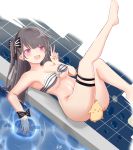  1girl absurdres alternate_costume azur_lane bandeau bikini bikini_top black_hair blush breasts eyebrows_visible_through_hair highres large_breasts long_hair looking_at_viewer lying manjuu_(azur_lane) nipples o-ring o-ring_top on_back open_mouth pamiat_merkuria_(azur_lane) pool purple_eyes smile strapless strapless_bikini swimsuit whin 