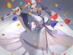  1girl artist_name bangs blunt_bangs confetti grey_background hand_up holding holding_sword holding_weapon long_hair pixiv_fantasia pixiv_fantasia_age_of_starlight psyche_(arcadia) purple_empress_ranrei purple_eyes sheath sheathed standing sword weapon wide_sleeves 
