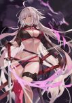  1girl absurdres ahoge bangs belt bikini black_bikini black_choker black_gloves black_jacket breasts choker cleavage cropped_jacket fang_qiao fate/grand_order fate_(series) fire gloves highres jacket jeanne_d&#039;arc_(alter_swimsuit_berserker) jeanne_d&#039;arc_(fate)_(all) katana large_breasts long_hair long_sleeves looking_at_viewer multiple_swords navel o-ring o-ring_bikini parted_lips purple_fire red_legwear shrug_(clothing) silver_hair single_thighhigh smile swimsuit sword thigh_strap thighhighs thighs very_long_hair weapon yellow_eyes 