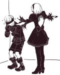  1boy 1girl backless_outfit blindfold boots covered_eyes english_commentary flying_sweatdrops greyscale hairband high_heel_boots high_heels highres jacket juliet_sleeves long_sleeves meme monochrome nier_(series) nier_automata puffy_sleeves sakuramochixninja scared short_hair shorts standing t-pose thigh_boots thighhighs yorha_no._2_type_b yorha_no._9_type_s 