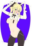  1girl artoria_pendragon_(all) black_bow black_neckwear blonde_hair blush bow bowtie breasts fate/grand_order fate_(series) gloves green_eyes headband highres kawaruhi large_breasts maebari pasties ponytail reverse_bunny_suit saber_lily sleeve_cuffs two-tone_background 