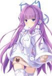  1girl animal_ears azur_lane bangs blue_eyes blush brown_sweater closed_mouth coat commentary_request dress eyebrows_visible_through_hair fake_animal_ears fur-trimmed_coat fur_trim hair_ornament hair_ribbon kedama_(kedama_akaza) long_hair long_sleeves looking_at_viewer open_mouth purple_hair red_eyes ribbon simple_background sleeves_past_fingers sleeves_past_wrists smile solo sweater tashkent_(azur_lane) thighhighs very_long_hair white_background white_coat white_legwear winter_clothes 