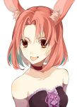 1girl animal_ear_fluff animal_ears bangs bare_shoulders bunny_ears chisumi choker corset elbow_gloves gloves grey_gloves looking_at_viewer original parted_bangs pink_ribbon red_choker red_eyes red_hair ribbon short_hair simple_background solo tongue tongue_out upper_body white_background 