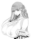  1girl bangs bare_shoulders belt_collar blush breasts claws collar collarbone fate/extra fate/extra_ccc fate/grand_order fate_(series) greyscale hair_ribbon huge_breasts inverted_nipples long_hair looking_at_viewer monochrome moopiekun nipple_slip nipples o-ring o-ring_top parted_lips passion_lip ribbon simple_background solo white_background 