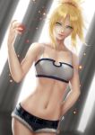  1girl backlighting bandeau bangs bare_arms bare_shoulders belt belt_buckle blonde_hair breasts buckle closed_mouth collarbone column cowboy_shot cutoffs denim denim_shorts dutch_angle electricity fate/apocrypha fate_(series) green_eyes hand_on_hip hand_up light_particles lips looking_at_viewer mordred_(fate) mordred_(fate)_(all) navel parted_bangs pillar ponytail short_hair short_shorts shorts sidelocks signature small_breasts smile solo standing stomach suikunart 