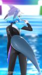  1girl alternate_costume aqua_hair blue_eyes blue_hair commentary_request common_bottlenose_dolphin_(kemono_friends) dolphin_tail dorsal_fin eyebrows_visible_through_hair from_behind gradient_hair grey_hair kemono_friends long_sleeves looking_away multicolored_hair pool short_hair solo stylecase wetsuit whistle 
