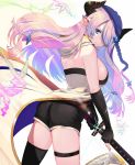  1girl animal_ears black_gloves black_shorts blue_eyes braid breasts bug butterfly draph fingerless_gloves gloves granblue_fantasy hair_ornament hair_over_one_eye highres hood horns insect large_breasts lavender_hair looking_at_viewer narmaya_(granblue_fantasy) ootachi pig_ears poligon_(046) shorts sideboob simple_background single_thighhigh solo thigh_strap thighhighs white_background 