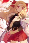  1girl bag bangs belt belt_buckle black_belt black_shirt blonde_hair bow breasts buckle closed_mouth commentary_request envelope ereshkigal_(fate/grand_order) eyebrows_behind_hair fate/grand_order fate_(series) floating_hair fujikiri_yana fur-trimmed_jacket fur_trim hair_between_eyes hair_bow holding jacket long_hair long_sleeves medium_breasts open_clothes open_jacket paper_bag petals pleated_skirt red_bow red_eyes red_skirt shirt skirt solo two_side_up very_long_hair white_jacket 