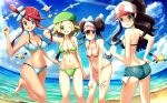  4girls :0 :d ;d arm_up armpits ass back bangs bare_shoulders barefoot baseball_cap beach bel_(pokemon) beret bikini black_bikini_top blonde_hair blue_bikini blue_eyes blue_sky breasts brown_hair cleavage clenched_hands cloud collarbone commentary_request cowboy_shot curly_hair cutoffs dark_skin day denim denim_shorts double_bun exposed_pocket eyebrows_visible_through_hair fisheye flying front-tie_bikini front-tie_top fuuro_(pokemon) gen_3_pokemon green_bikini green_headwear groin gym_leader hair_between_eyes hair_flaps hair_ornament hand_on_headwear hand_on_hip hands_on_own_thighs hat high_ponytail highres horizon large_breasts leaning_forward long_hair looking_at_viewer mei_(pokemon) midriff multiple_girls navel ocean one_eye_closed one_side_up open_mouth outdoors pelipper pink_bikini pokemon pokemon_(creature) pokemon_(game) pokemon_bw pokemon_bw2 red_hair rowdon sand short_hair short_shorts shorts sidelocks sky small_breasts smile standing standing_on_one_leg sunlight swept_bangs swimsuit touko_(pokemon) twintails upper_teeth very_long_hair visor_cap wings 