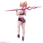 ass banned_artist breasts highres neon_genesis_evangelion paul_kwon polearm ponytail red_hair shikinami_asuka_langley shoes short_shorts shorts skin_tight small_breasts sneakers souryuu_asuka_langley spear watch weapon 