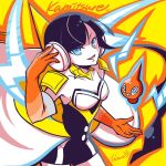  1girl bangs black_hair blue_eyes breasts character_name creature floating gen_4_pokemon kamitsure_(pokemon) looking_at_viewer pokemon pokemon_(creature) pokemon_(game) pokemon_masters rotom rotom_(normal) signature small_breasts solo upper_body 