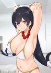  1girl armpits arms_behind_head arms_up bangs bare_shoulders bead_necklace beads bikini black_hair blush breasts bridal_gauntlets cleavage closed_mouth collarbone earrings fate/grand_order fate_(series) hair_between_eyes hoop_earrings jewelry large_breasts long_hair looking_at_viewer low-tied_long_hair murio navel necklace prayer_beads purple_eyes smile solo stretch swimsuit white_bikini xuanzang_(fate/grand_order) 