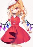  1girl arm_up blonde_hair commentary_request cropped_legs eyebrows_visible_through_hair fangs fingernails flandre_scarlet folded_leg gunjou_row hair_between_eyes hansoku_tantei_satori hat hat_ribbon head_tilt highres looking_at_viewer mob_cap nail_polish one_side_up open_mouth parted_lips pointy_ears puffy_short_sleeves puffy_sleeves raised_eyebrow red_eyes red_nails red_skirt red_vest ribbon shirt short_sleeves simple_background skirt slit_pupils solo splatter_background touhou uneven_eyes vest white_background white_headwear white_shirt wings wrist_cuffs 