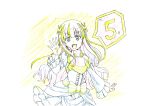  1girl 5 bow breastplate colored_pencil_(medium) countdown cowboy_shot dress eyebrows_visible_through_hair frilled_dress frilled_sleeves frills hair_ornament hand_up highres itai_no_wa_iya_nano_de_bougyoryoku_ni_kyokufuri_shitai_to_omoimasu long_hair long_sleeves looking_at_viewer number official_art open_hands open_mouth solo speech_bubble traditional_media v-shaped_eyebrows waist_bow yui_(bofuri) 