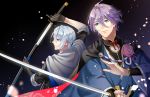  2boys black_gloves blue_eyes cape flower gloves japanese_clothes kasen_kanesada katana male_focus multiple_boys petals purple_hair rei_(usabiba) sheath sleeves_rolled_up smile sword touken_ranbu unsheathing weapon white_hair yamanbagiri_chougi 