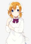  1girl apron blue_eyes bow bowtie character_request chisumi closed_mouth hand_up head_scarf highres light_blush looking_at_viewer love_live! love_live!_school_idol_project multicolored_neckwear one_side_up orange_hair short_hair simple_background solo standing white_apron white_background 
