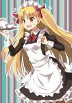  1girl alternate_costume apron bangs black_dress blonde_hair blush bow breasts cup dress earrings enmaided ereshkigal_(fate/grand_order) fate/grand_order fate_(series) flying_sweatdrops hair_bow hoop_earrings infinity jewelry juliet_sleeves long_hair long_sleeves maid maid_headdress open_mouth puffy_sleeves red_bow red_eyes red_neckwear skull small_breasts solo striped striped_background teacup teapot tray white_apron xiafuizui 