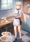  1girl artist_name black_bow black_footwear blonde_hair blue_eyes bow bulletin_board checkerboard_cookie chocolate_chip_cookie commission cookie day egg flour food highres indoors mabinogi macaron measuring_cup milk mixing_bowl oven oven_mitts photo_(object) picture_(object) short_sleeves skirt solo standing tagatsu tiered_tray tile_floor tiles whisk white_skirt window 