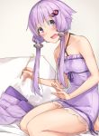  1girl :d bangs bare_arms bare_legs bare_shoulders barefoot bed_sheet blush breasts collarbone commentary_request criss-cross_halter dress eyebrows_visible_through_hair hair_between_eyes hair_ornament halterneck highres holding kanzen_bouon long_hair looking_at_viewer mimikaki open_mouth pillow purple_dress purple_eyes purple_hair purple_legwear seiza sidelocks sitting small_breasts smile solo thighhighs thighhighs_removed voiceroid yuzuki_yukari 