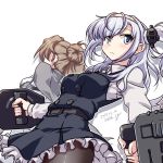  2girls 547th_sy adapted_turret back-to-back black_dress black_legwear cannon cosplay costume_switch dated double_bun dress frilled_dress frills grey_eyes hair_bun highres kantai_collection light_brown_hair long_hair machinery michishio_(kantai_collection) michishio_(kantai_collection)_(cosplay) multiple_girls one_side_up pantyhose pinafore_dress remodel_(kantai_collection) shirt signature silver_hair simple_background solo_focus suzutsuki_(kantai_collection) suzutsuki_(kantai_collection)_(cosplay) turret white_background white_shirt 