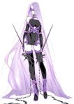  adapted_costume blindfold boots chain dual_wielding elbow_gloves fate/grand_order fate/stay_night fate_(series) gloves highres holding long_hair miwa_shirou nameless_dagger purple_hair rider thigh_boots thighhighs very_long_hair 