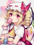  1girl ainy77 alternate_hairstyle ascot blonde_hair blush closed_mouth commentary_request drill_hair flandre_scarlet food hat looking_at_viewer macaron puffy_short_sleeves puffy_sleeves red_eyes revision short_hair short_sleeves side_ponytail smile touhou upper_body wings wrist_cuffs yellow_neckwear 