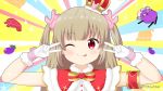  &gt;_&lt; 1girl ;q armband brown_hair bunny_hair_ornament capelet closed_mouth commentary_request crown double_v eggplant fur-trimmed_capelet fur-trimmed_headwear fur_trim gloves hair_ornament hands_up long_hair miicha mini_crown natori_sana one_eye_closed red_capelet red_eyes saana-kun sana_channel shirt shrimp smile sparkle tilted_headwear tongue tongue_out twitter_username two_side_up upper_body v v_over_eye virtual_youtuber white_gloves white_shirt 