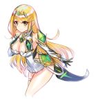  1girl bangs bare_shoulders blonde_hair blush breasts cawang cleavage dress earrings eyebrows_visible_through_hair eyes_visible_through_hair gem gloves hair_ornament headpiece hikari_(xenoblade_2) jewelry large_breasts long_hair looking_at_viewer simple_background sketch smile solo swept_bangs thigh_strap thighs tiara very_long_hair white_background xenoblade_(series) xenoblade_2 yellow_eyes 