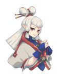  1girl bangs black_eyes blueeyes_cat facial_mark fingerless_gloves forehead_mark forehead_tattoo gloves grey_hair hair_ornament hair_stick highres long_hair looking_at_viewer parted_lips paya_(zelda) pointy_ears sheikah sidelocks simple_background solo the_legend_of_zelda the_legend_of_zelda:_breath_of_the_wild updo upper_body white_background 