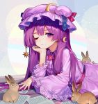  1girl ainy77 animal bunny closed_mouth commentary_request crescent dress eyebrows_visible_through_hair hat long_hair long_sleeves looking_at_viewer lying nail_polish on_stomach one_eye_closed patchouli_knowledge purple_dress purple_eyes purple_hair purple_headwear purple_nails revision star striped touhou vertical_stripes 