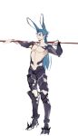  1boy animal_ears blue_hair bunny_ears cu_chulainn_(fate)_(all) english_commentary fate/stay_night fate_(series) final_fantasy final_fantasy_xiv full_body guttia igote lancer long_hair male_focus no_nipples polearm shirtless simple_background solo viera weapon white_background 
