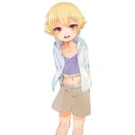  1boy blush child child_gilgamesh fate_(series) highres hood hoodie looking_at_viewer male_focus midriff navel open_mouth shorts simple_background smile solo soumen_nigoki white_background younger 