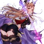  1girl 40_(0f0urw) arrow brown_eyes brown_hair cloak colorized gloves granblue_fantasy hair_ornament highres long_hair looking_at_viewer open_mouth shorts simple_background smile solo song_(granblue_fantasy) thighhighs white_background 