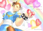  1girl 2020 blue_dress bracelet breasts brown_eyes brown_hair brown_legwear bun_cover china_dress chinese_clothes chun-li commentary double_bun dress earrings happy_valentine heart_balloon jewelry large_breasts lipstick looking_at_viewer makeup pantyhose pelvic_curtain puffy_short_sleeves puffy_sleeves sash short_sleeves side_slit smile solo spiked_bracelet spikes street_fighter street_fighter_ii_(series) symbol_commentary tombsakura twitter_username 