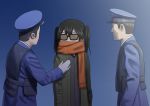  1girl 2boys arrest bangs black_hair blue_background brown_hair faceless frown hands_in_pockets jacket kantai_collection long_sleeves misumi_(niku-kyu) multiple_boys night_battle_idiot orange_scarf police police_uniform policeman scarf scarf_over_mouth sendai_(kantai_collection) standing sunglasses twintails uniform 