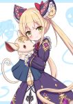  1girl absurdres bangs blonde_hair blue_background blush bow brown_eyes closed_mouth commentary_request double_bun dress eyebrows_visible_through_hair ghost hair_bow highres holding holding_stuffed_animal jiu_(sdesd3205) long_hair long_sleeves looking_at_viewer luna_(shadowverse) purple_dress red_bow shadowverse smile solo stuffed_animal stuffed_dog stuffed_toy twintails two-tone_background very_long_hair white_background 