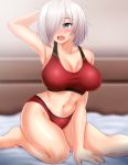  1girl alternate_costume armpits blue_eyes blush breasts hair_ornament hair_over_one_eye hairclip hamakaze_(kantai_collection) kantai_collection large_breasts looking_at_viewer navel on_bed open_mouth red_sports_bra short_hair silver_hair sitting sitting_on_bed solo sports_bra underwear zanntetu 