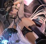  1girl arm_up azur_lane bangs belt_pouch black_footwear black_gloves black_hair black_headwear black_neckwear black_shorts boots buttons collared_shirt commentary_request cowboy_shot crop_top cross-laced_footwear cuffs dutch_angle electricity eyebrows_behind_hair gloves gun hair_between_eyes hand_on_own_head handcuffs hat highres holding holding_gun holding_handcuffs holding_weapon id_card knee_boots lace-up_boots long_hair looking_at_viewer low_ponytail midriff minsk_(azur_lane) minsk_(thunderous_jailor)_(azur_lane) multicolored_hair navel necktie parted_lips peaked_cap pink_sky pouch prison purple_eyes sei_(saya_sea) shirt short_shorts shorts sidelocks sleeve_cuffs smile solo standing standing_on_one_leg streaked_hair suspender_shorts suspenders taser very_long_hair weapon white_hair white_shirt 