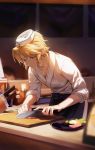  1boy blonde_hair blue_eyes cooking cutting cutting_board earrings food hat highres holding holding_knife indoors jewelry knife knife_block kumoki0510 link long_sleeves meat plate shirt short_hair solo the_legend_of_zelda triforce white_headwear white_shirt 