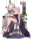  1girl 5555_96 ark_order bare_arms bare_legs bare_shoulders barefoot breasts character_request commentary_request feathered_wings feathers feet highres huge_breasts long_hair looking_at_viewer mirror sandals sandals_removed silver_hair solo underwear wings yellow_eyes 